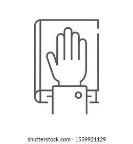 Give oath line black icon. Palm on Holy Bible. Judiciary concept. Sign for web page, mobile app, button, logo. Vector isolated button. Editable stroke.