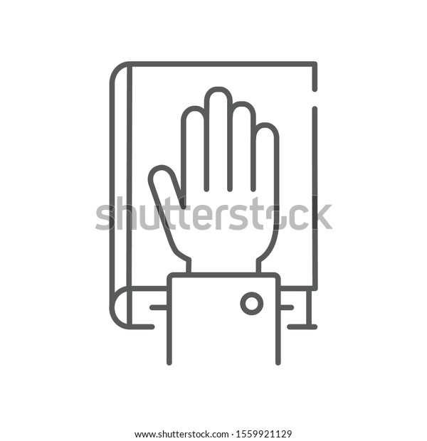 Give oath line black icon. Palm on Holy\
Bible. Judiciary concept. Sign for web page, mobile app, button,\
logo. Vector isolated button. Editable\
stroke.
