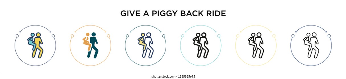 Give a piggy back ride icon in filled, thin line, outline and stroke style. Vector illustration of two colored and black give a piggy back ride vector icons designs can be used for mobile, ui, web