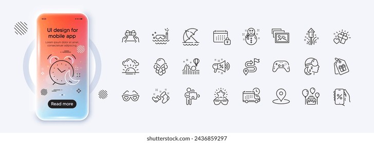 Give present, Beach umbrella and Delivery line icons for web app. Phone mockup gradient screen. Pack of Ice cream, Coupons, Snowman pictogram icons. Love gift, Scuba diving, Love glasses signs. Vector