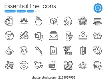 Give present, Coal trolley and Mobile internet line icons. Collection of Online shopping, Open door, Water drop icons. Inclusion, Court judge, Pin web elements. Canister oil. Vector