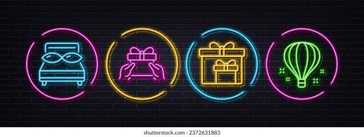 Give present, Delivery boxes and Pillows minimal line icons. Neon laser 3d lights. Air balloon icons. For web, application, printing. Receive a gift, Birthday gifts, Night bed. Sky travelling. Vector