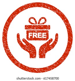 Give Present grainy textured icon inside circle for overlay watermark stamps. Flat symbol with unclean texture.