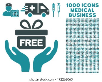Give Present icon with 1000 medical business soft blue vector pictograms. Collection style is flat bicolor symbols, white background.