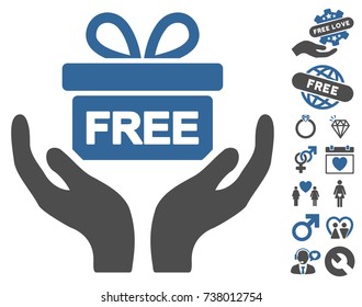 Give Present icon with bonus romantic clip art. Vector illustration style is flat iconic cobalt and gray symbols on white background.