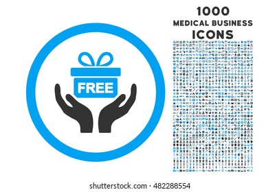 Give Present rounded vector bicolor icon with 1000 medical business icons. Set style is flat pictograms, blue and gray colors, white background.