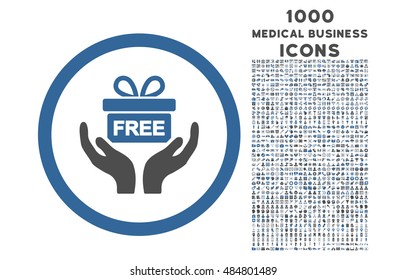 Give Present rounded vector bicolor icon with 1000 medical business icons. Set style is flat pictograms, cobalt and gray colors, white background.