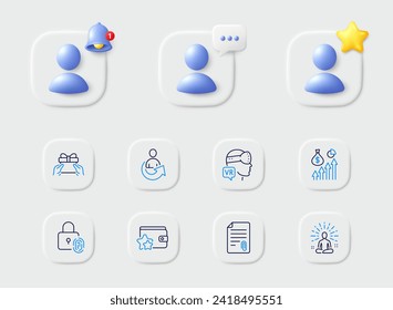 Give present, Share and Fingerprint lock line icons. Placeholder with 3d star, reminder bell, chat. Pack of Loyalty program, Yoga, Augmented reality icon. Attachment, Salary pictogram. Vector