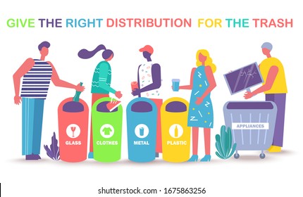 Give right distribution for trash. Smart sorting, processing and recycling. Different containers for garbage like glass and clothes, metal, plastic and appliances to recycle vector illustration