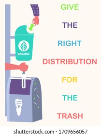 Give right distribution for trash. Smart sorting, processing and recycling. Different containers for garbage to recycle vector illustration flat style