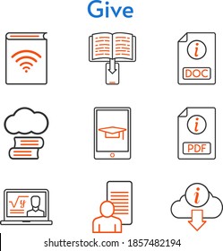 give set. included cloud library, audiobook, professor, study, ebook, pdf, student-tablet, doc, information icons. bicolor styles.