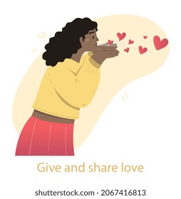 Give and share love concept. Young woman blows kiss in form of small hearts. Kind character provides support, gives positive emotions and feelings. Charity and care. Cartoon flat vector illustration