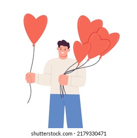 Give and share love. Man holds heart shaped balloons and gives them to other people. Metaphor of donation, positive emotion, support and care. Vector illustration
