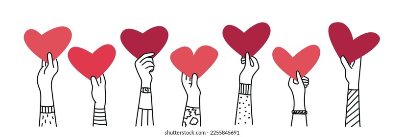 Dar, compartir amor con la gente, caridad y donar manos con el símbolo del corazón. Ilustración vectorial dibujada a mano.