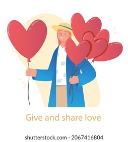 Give and share love. Woman holds heart shaped balloons and gives them to other people. Metaphor of donation, positive emotion, support and care. Kind character smiles. Cartoon flat vector illustration