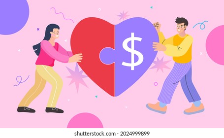 Give and share your love to people. man and woman hold big heart puzzle symbol on their hands. money exchange heart. Love for money. Conceptual vector illustration.