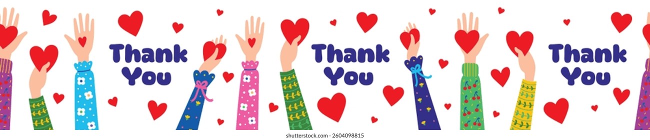 Give and share your love for people. Thank you. Many hands holding stylized hearts. Сharity. Donation.Flat design, vector cute illustration. Valentine's Day.