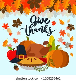 "give thanks" calligraphy of Thanksgiving day banner. Seasonal lettering.vector illustration