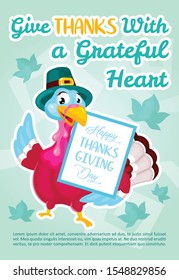 Give thanks with grateful heart poster vector template. Thanksgiving day turkey. Brochure, cover, booklet page concept design with flat illustrations. Advertising flyer, leaflet, banner layout idea