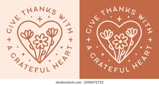 Give thanks with a grateful heart thanksgiving quotes sayings round sticker badge ornament design. Cute floral heart illustration fall season girly aesthetic printable greeting card decor cut file.