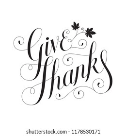 GIVE THANKS hand lettering banner with maple leaves