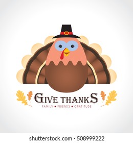 Give thanks / Happy Thanksgiving. Cute cartoon thanksgiving turkey isolated on white background. Vector illustration.