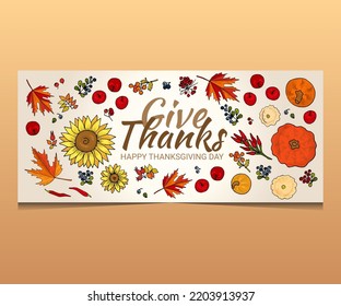 Give Thanks Happy Thanksgiving day lettering postcard with autumn leaves, apple, sunflower. Hand drawn text lettering. Calligraphic design for print greetings card, shirt, banner, poster