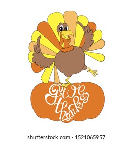 Give thanks lettering. Dancing turkey on pumpkin. Cartoons funny orange brown banner for Thanksgiving day art design elements stock vector illustration for web, for print, for postcard