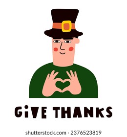 Give thanks. Man showing heart gesture by his hands. Vector flat design illustration on white background.