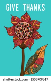  Give thanks postcard with sunflower on blue background. Vector illustration for Thanksgiving day.