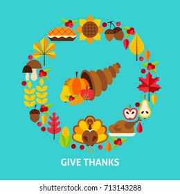 Give Thanks Postcard. Thanksgiving Day. Vector Illustration. Fall Holiday Objects.