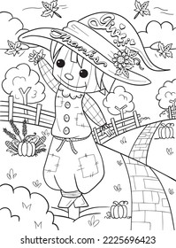 Give thanks with a scarecrow, pumpkins, and farm elements. Hand-drawn lines. Doodles art for Thanksgiving. Coloring book for adults and kids.