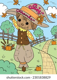 Give thanks with a scarecrow, pumpkins, and farm elements. Hand-drawn lines. Doodles art for Thanksgiving. Coloring book for adults and kids.