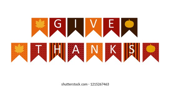 Give thanks sign text in triangle colorful Icon. Celebration quotation for card vector illustration. Modern design poster with leaves and pumpkin. For shop, web, business, flyers, and post.