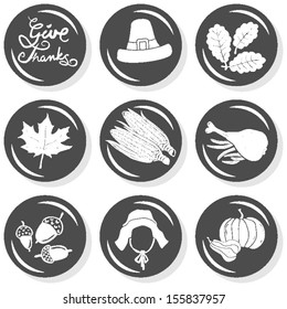Give thanks wishes hat oak maple leaves acorns corn pumpkin  turkey Thanksgiving autumn holidays celebration flat monochrome icon set 