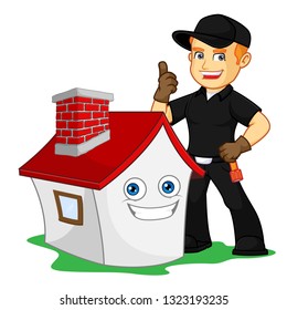 give thumb up with smiling house cartoon illustration, can be download in vector format for unlimited image size