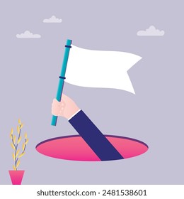 Give up, business concept. Surrender, time to quit or fail in company concept, businessman hand waving white flag of surrender or giving up from inside deep hole. flat vector illustration