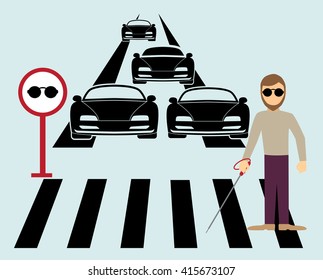 Give way to the blind. Blind man in dark glasses standing with walking stick on the road vector flat design illustration.