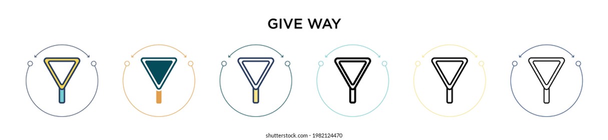 Give way icon in filled, thin line, outline and stroke style. Vector illustration of two colored and black give way vector icons designs can be used for mobile, ui, web