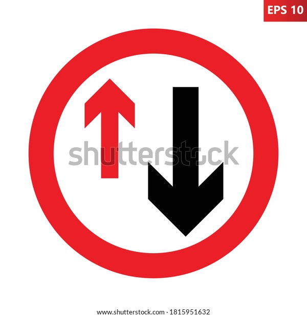 Give way to oncoming vehicles road sign. Priority\
must be given to vehicles from the opposite direction. Vector\
illustration of circular regulatory traffic sign with two arrows\
inside.