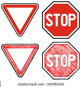 Give way road and Stop. Road signs priority. Doodle style