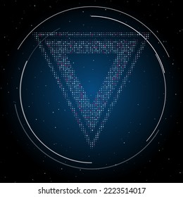 The give way symbol filled with white dots. Pointillism style. Some dots is pink. Vector illustration on blue background with stars