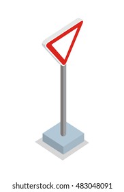 Give way- traffic sign. Blank triangular road sign on base. Priority of traffic sign. Drive Safety. City isometric object in flat. Isolated vector illustration on white background.