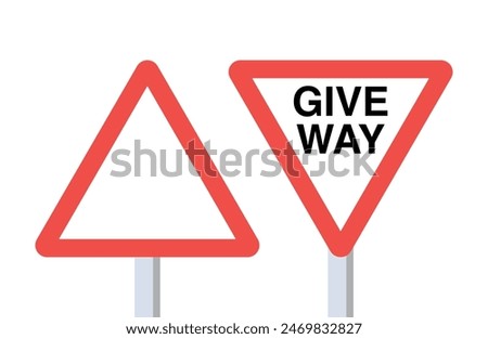 Give Way Traffic Sign, Priority Road Sign. Red triangle warning sign and give way sign on a pole. Vector