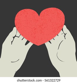I give you my heart. Heart shape held in hands. Vector background