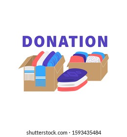 Give your old clothes a second life. Hand drawn lettering. Donation concept with clothes boxes. Can use for web banner, infographics, cards. Flat vector illustration isolated on white background.