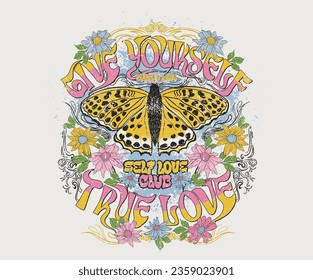 Give yourself love. Butterfly with floral print design. Flower garden t-shirt design. 