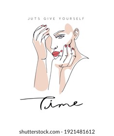 give yourself time slogan with abstract line art of girl hand on chin illustration