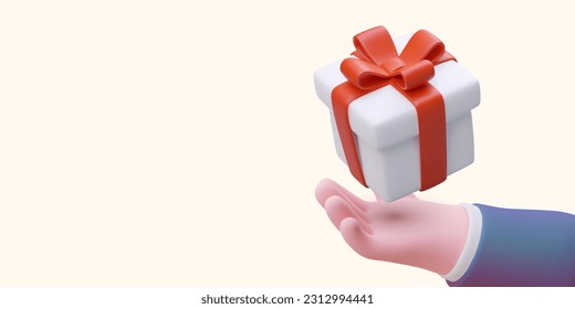 Giveaway. 3D hand holding gift box tied with ribbon. Bonus for fulfilling conditions of promotion. Congratulations to winner. Free goods. Vector banner with place for text, logo