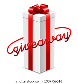 Giveaway advertisement banner design, long big gift box with red ribbon, vector illustration